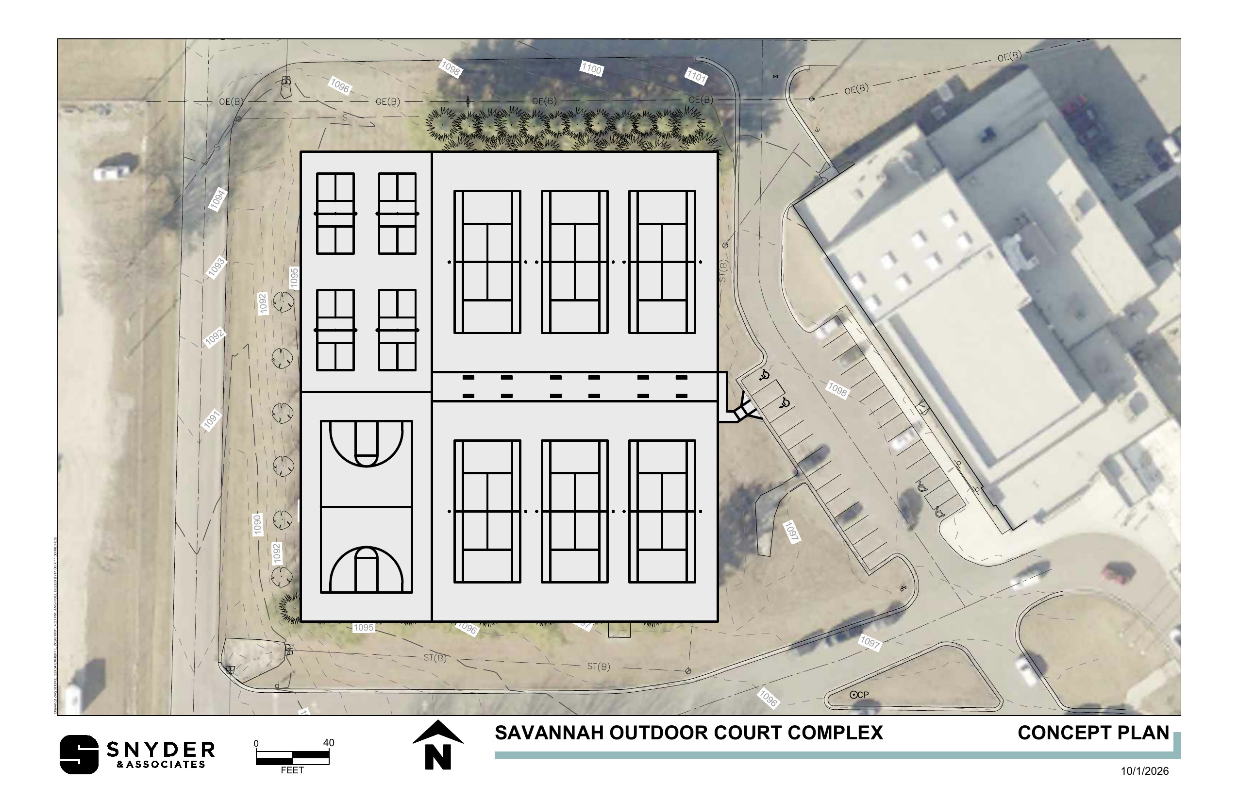 Snyder and Associates preliminary aerial concept showing six tennis courts, four pickleball courts, and a basketball court