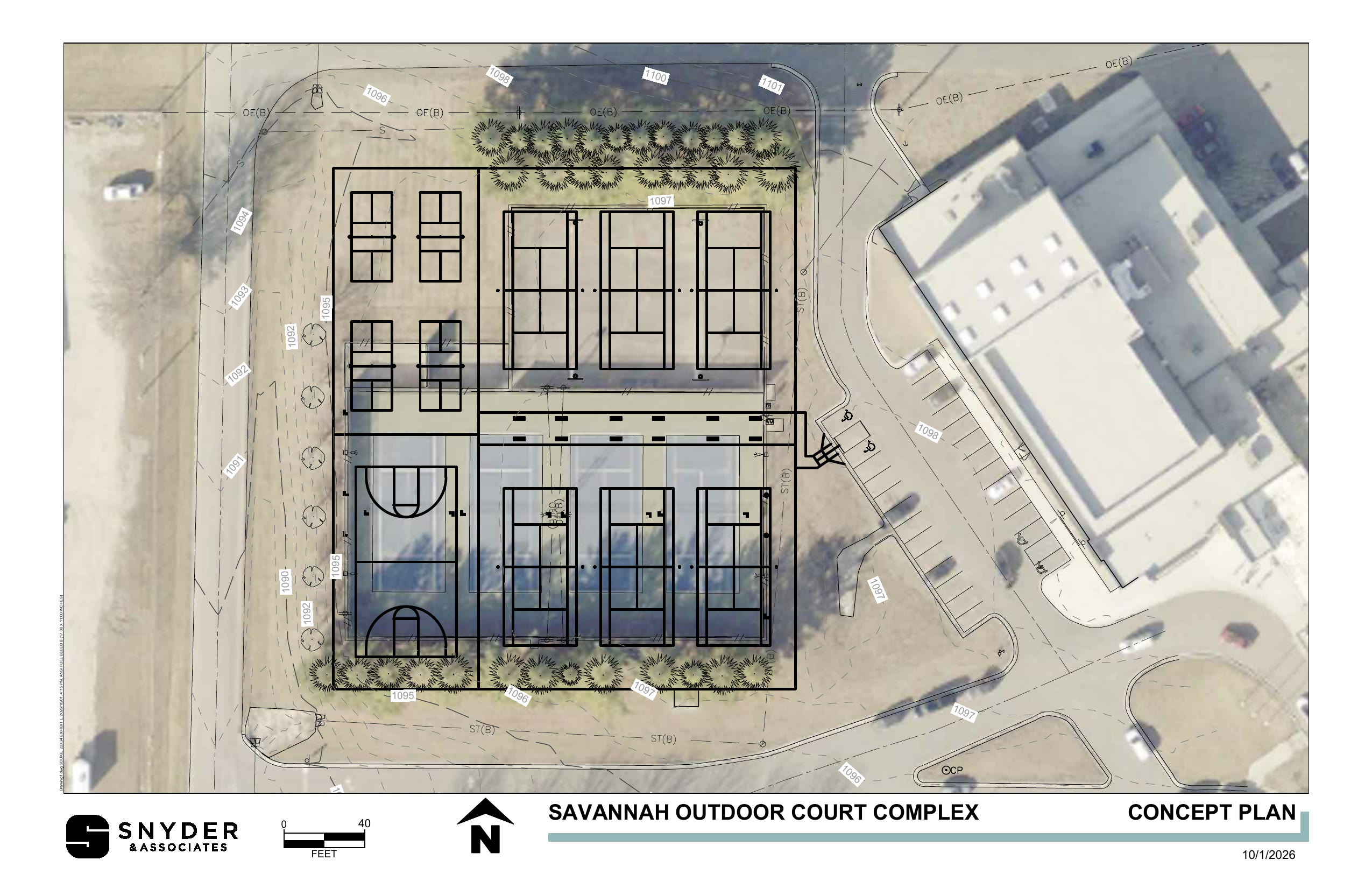 Snyder and Associates court concept over the aerial site image, with court and access lines shown